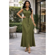 Tiana Kadın Önden Düğmeli Beli Kuşaklı Maxi Boy Aerobin Kumaş Gömlek Elbise