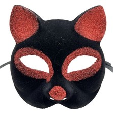 İlk El Grup Siyah Kırmızı Simli Süet Kedi Maskesi