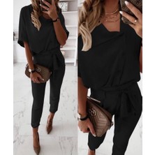 Barış Beauty Kadın Kısa Kollu Yakalı Önden Düğmeli Bürümcük Bluz ve Pantolon Ikili Takım
