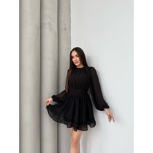 Deridün Yıldız Shoes Kadın Yarım Balıkçı Yaka Kolları Transparan Astarlı Full Şifon Elbise