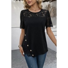 Sidelya Concept Kadın Kısa Kollu Dantel Detaylı Yandan Düğmeli Waffle Bluz