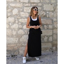 Serac Collection Kadın Askılı Yuvarlak Yakalı Cepli Yırtmaç Detaylı Viskon Elbise ve Atlet Ikili Takım