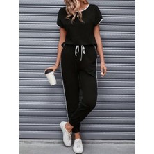 Bizcomoda Kadın Kısa Kollu Yuvarlak Yakalı Şerit Detaylı Viskon Iki Iplik Bluz ve Pantolon Ikili Takım