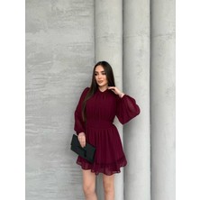 Mericline Kadın Yarım Balıkçı Yaka Kolları Transparan Astarlı Full Şifon Elbise