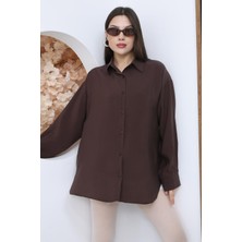 Famoda Kadın Kahverengi Oversize Uzun Basic Gömlek
