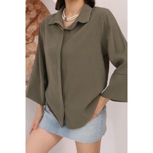 Famoda Kadın Slim Fit Dar Kesim Vücuda Oturan Uzun Kollu Haki Gömlek