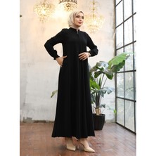 Modamorfo Yan Cepli Boydan Fermuarlı Kolu Lastikli Ferace -Siyah