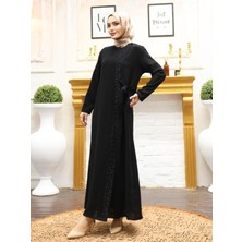 Modamorfo Önü Taş Detaylı Çift Kat Yandan Bağlamalı Ferace  -Siyah