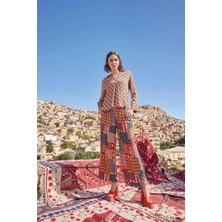 Liyuza Etnik Desenli Saten Alt Üst Takım