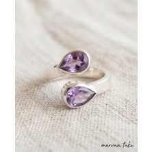 Mervan Takı El Yapımı 925 Ayar Gümüş Damla Kesim Ametist Taşlı Ayarlanabilir Tasarım Yüzük