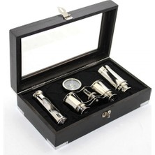 Ecoport Ahşap Kutulu Pirinç Dürbün Pusula ve Kum Saati Seti