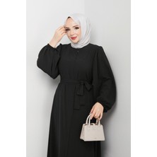 Modamorfo Kolu Lastikli Beli Bağlamalı Fermuarlı Ferace -Siyah