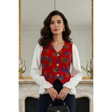 Yağmur Butik Desenli Kadın Pazen Yelek Kırmızı Renkli Standart Kalıp Şık Tasarım Özellikleriyle