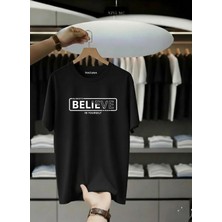 Unisex Oversize Baskılı Pamuklu Bisiklet Yaka Kısa Kollu Siyah T-Shirt Believe