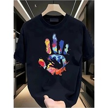 Unisex Oversize Baskılı Pamuklu Bisiklet Yaka Kısa Kollu Siyah T-Shirt Boyalı El
