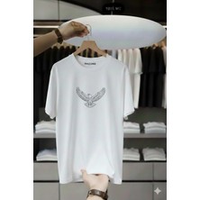 Unisex Oversize Baskılı Pamuklu Bisiklet Yaka Kısa Kollu Beyaz T-Shirt Kartal
