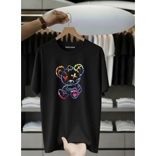 Unisex Oversize Baskılı Pamuklu Bisiklet Yaka Kısa Kollu Siyah T-Shirt x Ayıcık