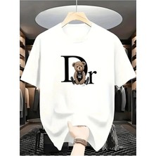 Unisex Oversize Baskılı Pamuklu Bisiklet Yaka Kısa Kollu Beyaz T-Shirt Dior
