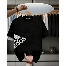 Unisex Oversize Baskılı Pamuklu Bisiklet Yaka Kısa Kollu Siyah T-Shirt Didas