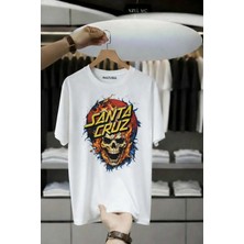 Unisex Oversize Baskılı Pamuklu Bisiklet Yaka Kısa Kollu Beyaz T-Shirt Santa Cruz