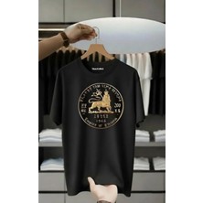 Unisex Oversize Baskılı Pamuklu Bisiklet Yaka Kısa Kollu Siyah T-Shirt Coin