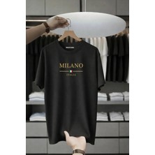 Unisex Oversize Baskılı Pamuklu Bisiklet Yaka Kısa Kollu Siyah T-Shirt Milano Gold
