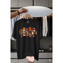 Unisex Oversize Baskılı Pamuklu Bisiklet Yaka Kısa Kollu Siyah T-Shirt Matruşka