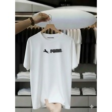 Unisex Oversize Baskılı Pamuklu Bisiklet Yaka Kısa Kollu Beyaz T-Shirt^poma
