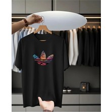 Unisex Oversize Baskılı Pamuklu Bisiklet Yaka Kısa Kollu Siyaht-Shirt Sarmal Premium