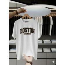Unisex Oversize Baskılı Pamuklu Bisiklet Yaka Kısa Kollu Beyaz T-Shirt Boston
