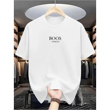 Unisex Oversize Baskılı Pamuklu Bisiklet Yaka Kısa Kollu Beyaz T-Shirt Boos