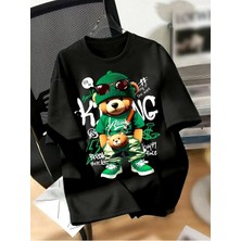 Unisex Oversize Baskılı Pamuklu Bisiklet Yaka Kısa Kollu Siyah T-Shirt Cool Ayı