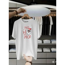 Unisex Oversize Baskılı Pamuklu Bisiklet Yaka Kısa Kollu Beyaz T-Shirt Ho Ho Ho!