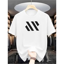 Unisex Oversize Baskılı Pamuklu Bisiklet Yaka Kısa Kollu Beyaz T-Shirt Çizgili