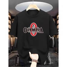 Unisex Oversize Baskılı Pamuklu Bisiklet Yaka Kısa Kollu Siyah T-Shirt Olympıa