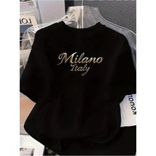 Unisex Oversize Baskılı Pamuklu Bisiklet Yaka Kısa Kollu Siyah T-Shirt Milano Italy Gold