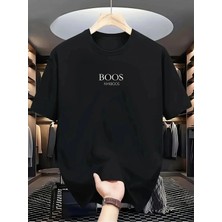 Unisex Oversize Baskılı Pamuklu Bisiklet Yaka Kısa Kollu Siyah T-Shirt Boos