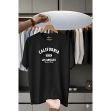 Unisex Oversize Baskılı Pamuklu Bisiklet Yaka Kısa Kollu Siyah T-Shirt Calıfornia