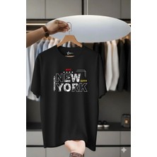 Unisex Oversize Baskılı Pamuklu Bisiklet Yaka Kısa Kollu Siyah T-Shirt New York City