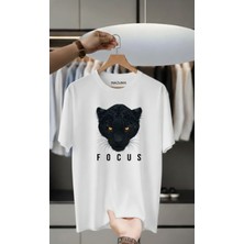 Unisex Oversize Baskılı Pamuklu Bisiklet Yaka Kısa Kollu Beyaz T-Shirt Focus