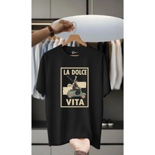 Unisex Oversize Baskılı Pamuklu Bisiklet Yaka Kısa Kollu Siyah T- La Dolce