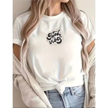 Unisex Oversize Baskılı Pamuklu Bisiklet Yaka Kısa Kollu Beyaz T-Shirt Good Vibes