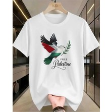 Unisex Oversize Baskılı Pamuklu Bisiklet Yaka Kısa Kollu Beyaz T-Shirt Filistin Kuş