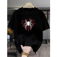 Unisex Oversize Baskılı Pamuklu Bisiklet Yaka Kısa Kollu Siyah T-Shirt Örümcekli Kalp
