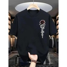 Unisex Oversize Gül Baskılı Pamuklu Bisiklet Yaka Kısa Kollu Siyah T-Shirt