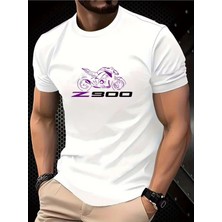 Unisex Oversize Baskılı Pamuklu Bisiklet Yaka Kısa Kollu Beyaz T-Shirt Z900