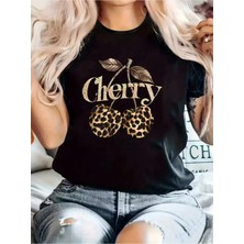 Unisex Oversize Baskılı Pamuklu Bisiklet Yaka Kısa Kollu Siyah T-Shirt Cherry Baskılı