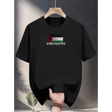 Unisex Oversize Baskılı Pamuklu Bisiklet Yaka Kısa Kollu Siyah T-Shirt Özgür Filistin
