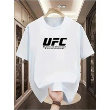 Unisex Oversize Baskılı Pamuklu Bisiklet Yaka Kısa Kollu Beyaz T-Shirt Ufc