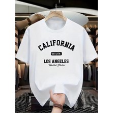 Unisex Oversize Baskılı Pamuklu Bisiklet Yaka Kısa Kollu Beyaz T-Shirt Calıfornıa